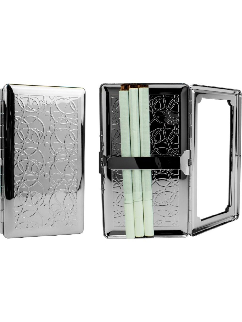 Stylish Set of 2 Metal-Plated Compact Cigarette Case & Mirror - Silver Rings